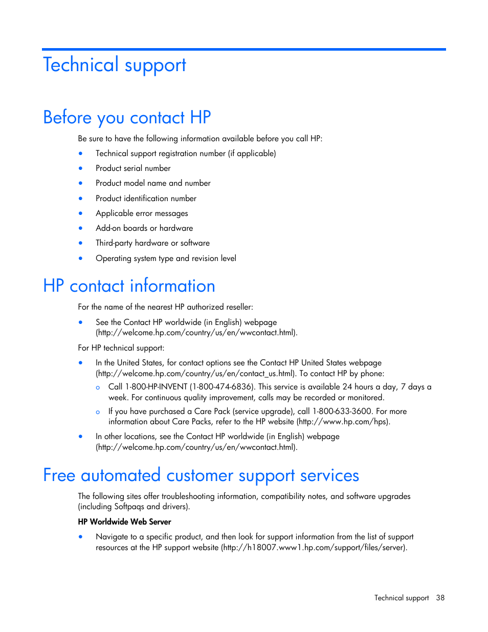 Technical support, Before you contact hp, Hp contact information | Free automated customer support services | HP NC373F PCI-E Multifunction 1000SX Gigabit Server Adapter User Manual | Page 38 / 42