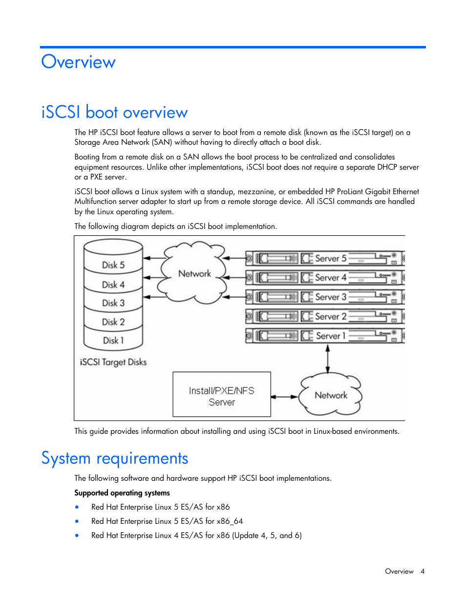 Overview, Iscsi boot overview, System requirements | Iscsi boot overview system requirements | HP NC373F PCI-E Multifunction 1000SX Gigabit Server Adapter User Manual | Page 4 / 42