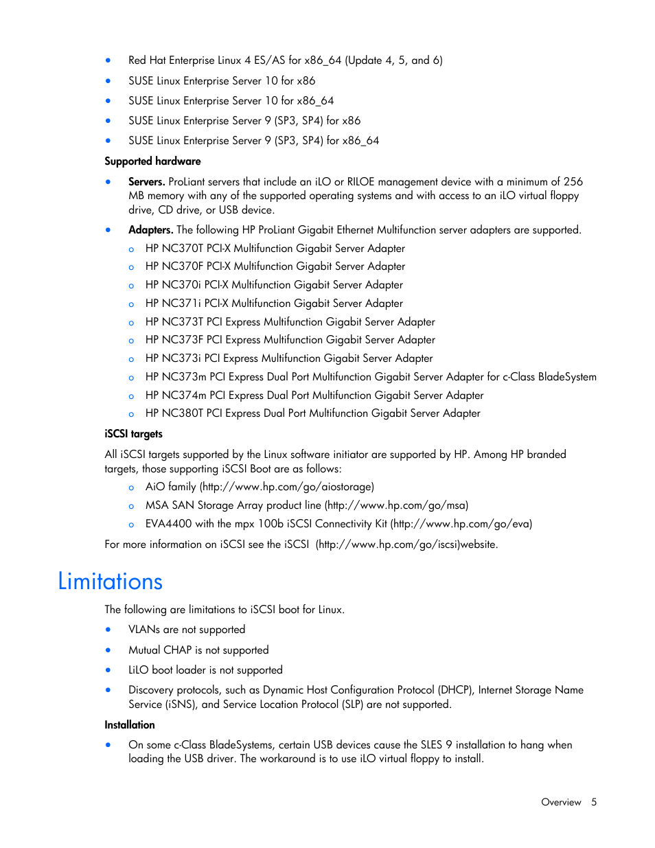 Limitations | HP NC373F PCI-E Multifunction 1000SX Gigabit Server Adapter User Manual | Page 5 / 42