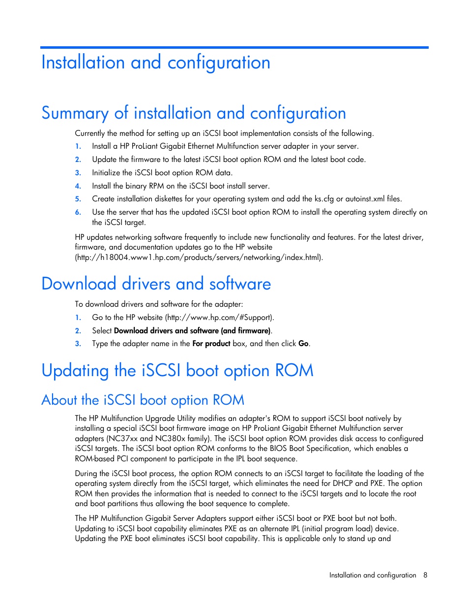 Installation and configuration, Summary of installation and configuration, Download drivers and software | Updating the iscsi boot option rom, About the iscsi boot option rom | HP NC373F PCI-E Multifunction 1000SX Gigabit Server Adapter User Manual | Page 8 / 42