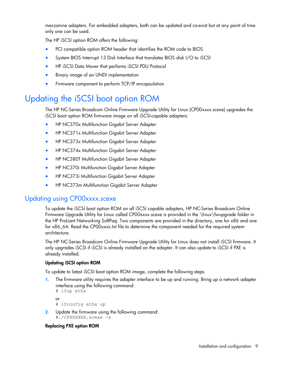 Updating the iscsi boot option rom, Updating using cp00xxxx.scexe | HP NC373F PCI-E Multifunction 1000SX Gigabit Server Adapter User Manual | Page 9 / 42