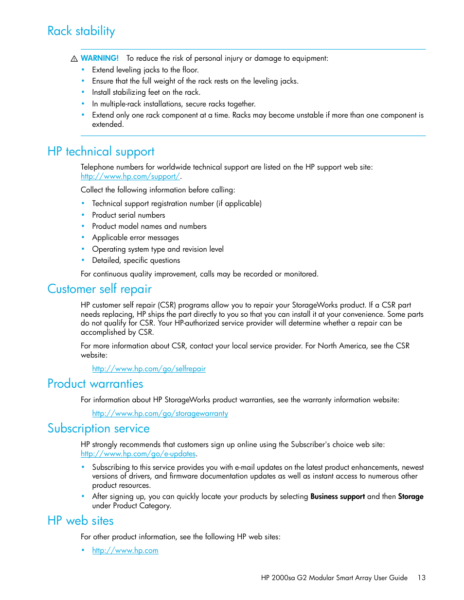 Rack stability, Hp technical support, Customer self repair | Product warranties, Subscription service, Hp web sites | HP 2000SA G2-Modular-Smart-Array User Manual | Page 13 / 76