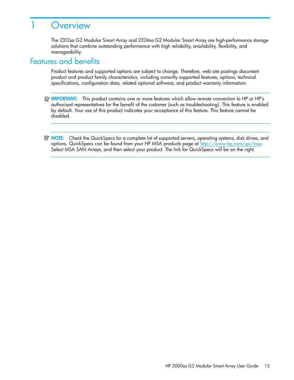 Overview, Features and benefits, 1 overview | 1overview | HP 2000SA G2-Modular-Smart-Array User Manual | Page 15 / 76