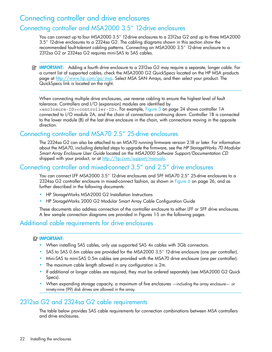 Connecting controller and drive enclosures, Additional cable requirements for drive enclosures, 2312sa g2 and 2324sa g2 cable requirements | Connecting controller and, Drive enclosures | HP 2000SA G2-Modular-Smart-Array User Manual | Page 22 / 76