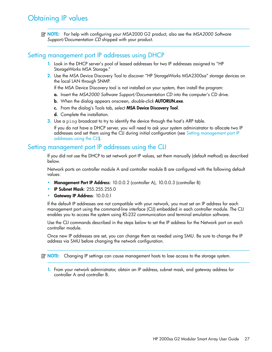 Obtaining ip values, Setting management port ip addresses using dhcp, Setting management port ip addresses using the cli | HP 2000SA G2-Modular-Smart-Array User Manual | Page 27 / 76
