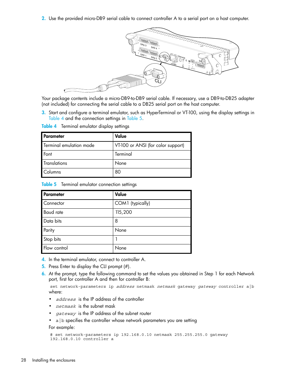 4 terminal emulator display settings, 5 terminal emulator connection settings | HP 2000SA G2-Modular-Smart-Array User Manual | Page 28 / 76