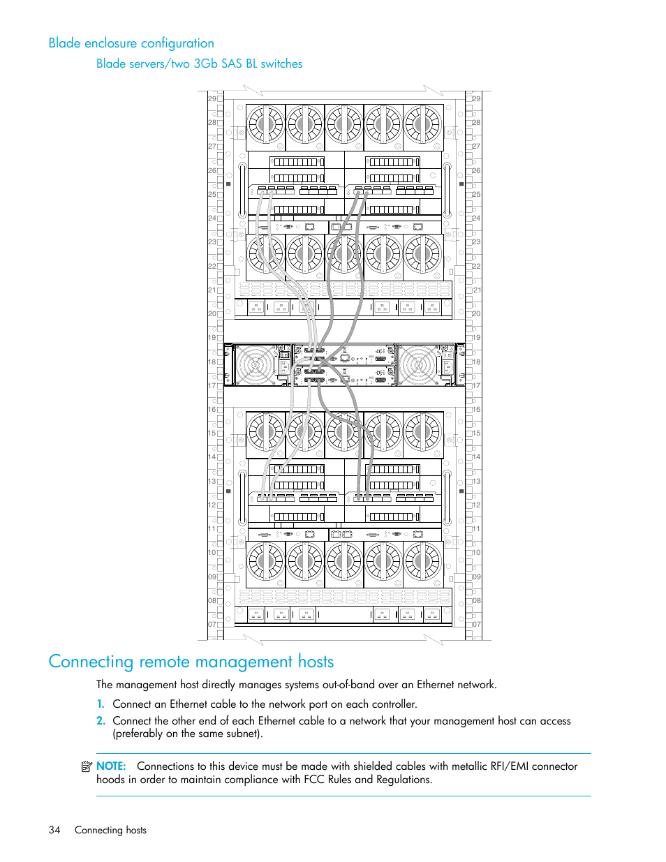 Connecting remote management hosts, Blade enclosure configuration, Blade servers/two 3gb sas bl switches | Connecting remote, Management hosts | HP 2000SA G2-Modular-Smart-Array User Manual | Page 34 / 76