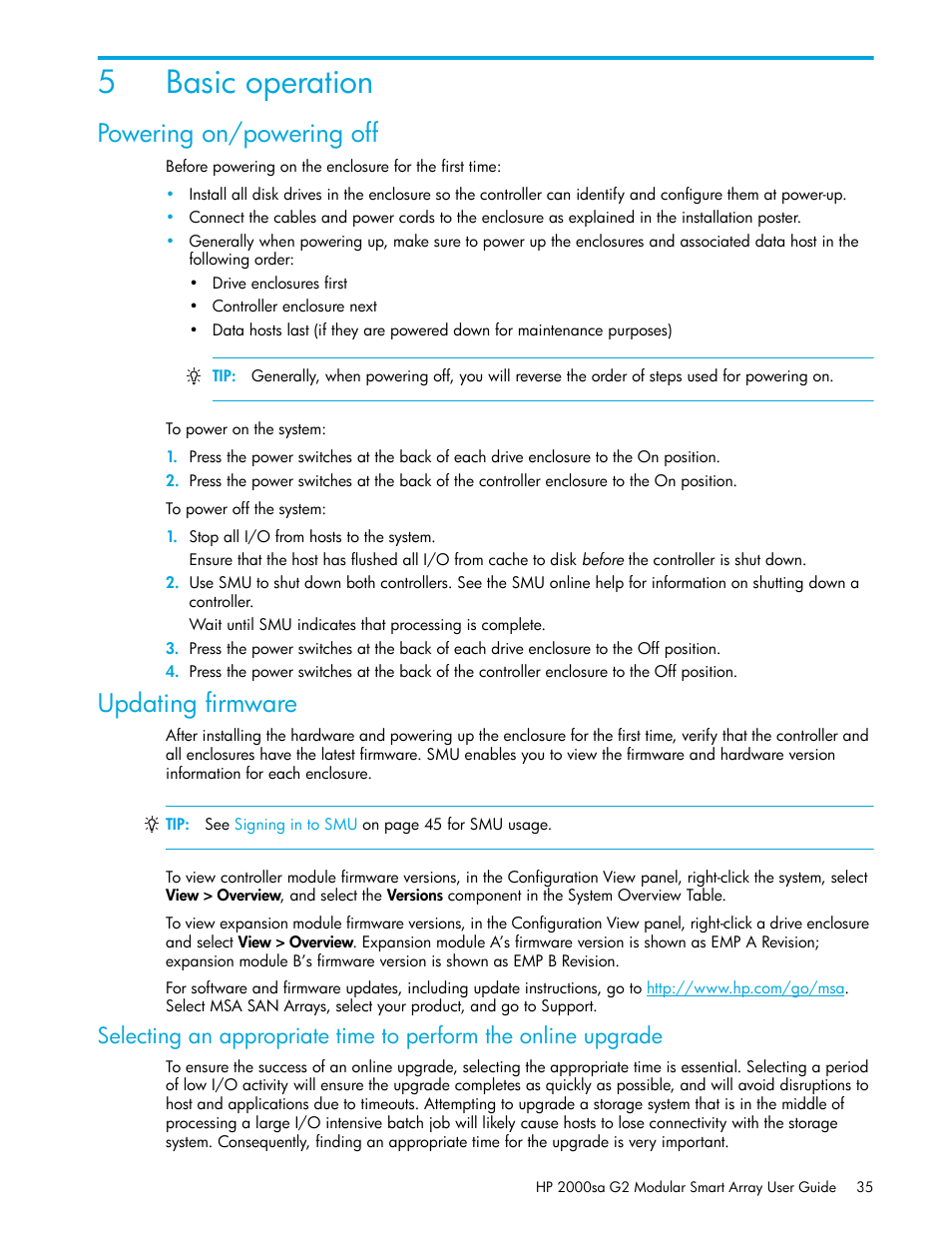 Basic operation, Powering on/powering off, Updating firmware | 5 basic operation, 5basic operation | HP 2000SA G2-Modular-Smart-Array User Manual | Page 35 / 76