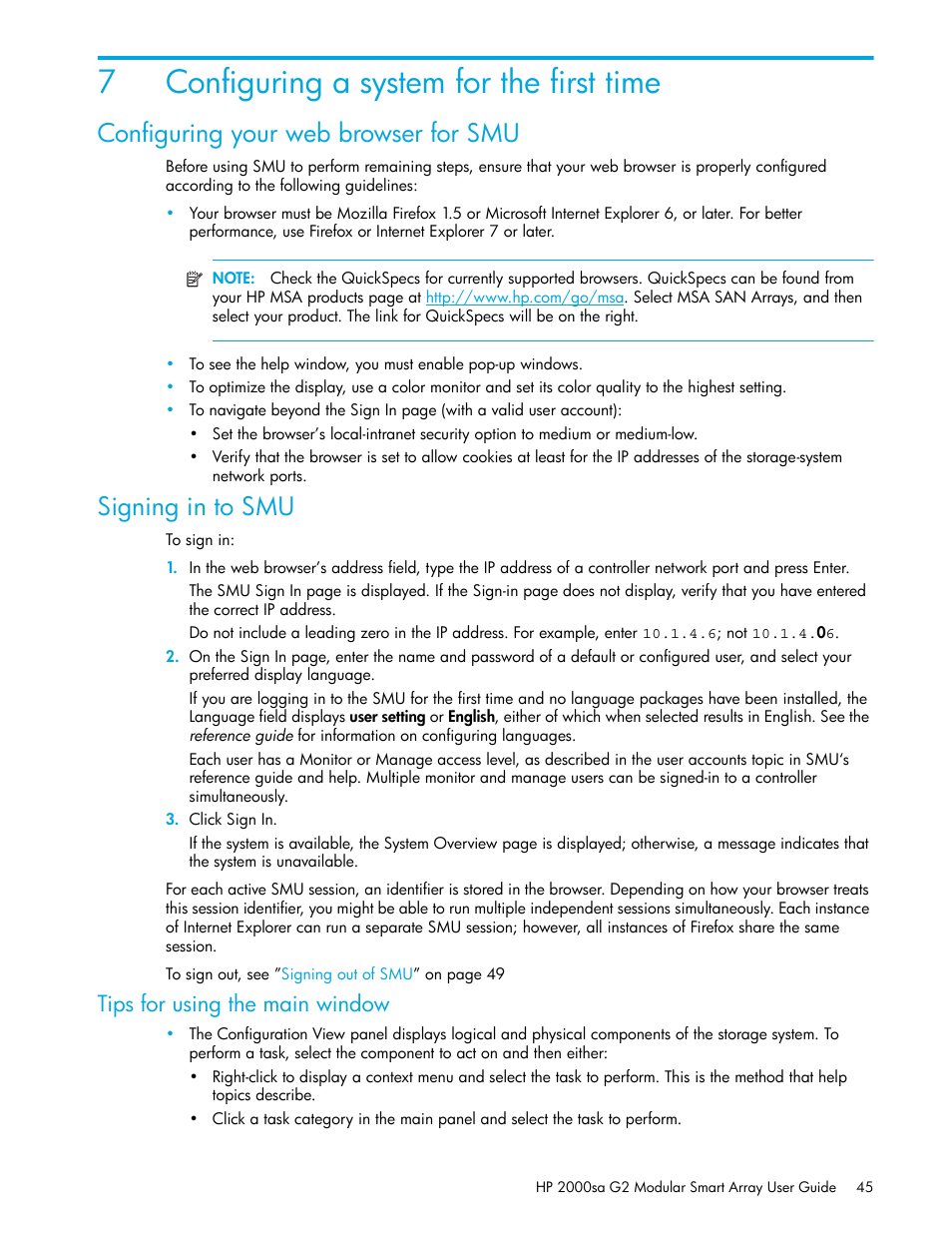 Configuring a system for the first time, Configuring your web browser for smu, Signing in to smu | 7 configuring a system for the first time, Tips for using the main window, 7configuring a system for the first time | HP 2000SA G2-Modular-Smart-Array User Manual | Page 45 / 76