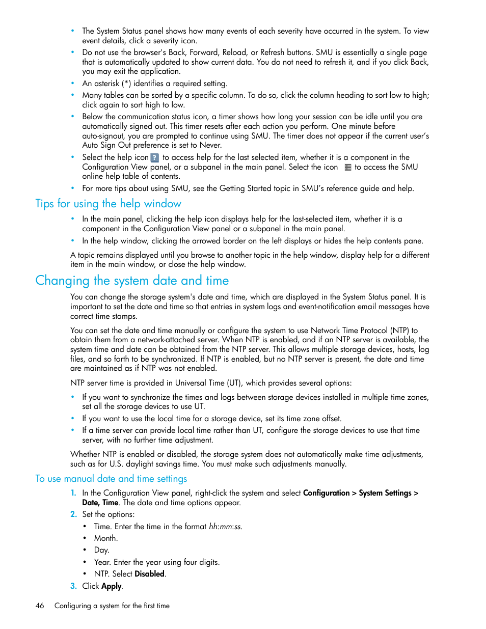 Changing the system date and time, Tips for using the help window, To use manual date and time settings | Changing the system date, And time | HP 2000SA G2-Modular-Smart-Array User Manual | Page 46 / 76