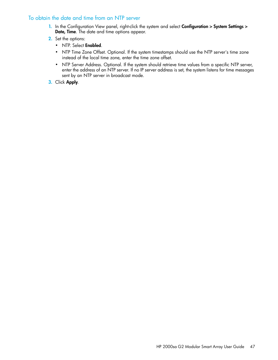 To obtain the date and time from an ntp server | HP 2000SA G2-Modular-Smart-Array User Manual | Page 47 / 76