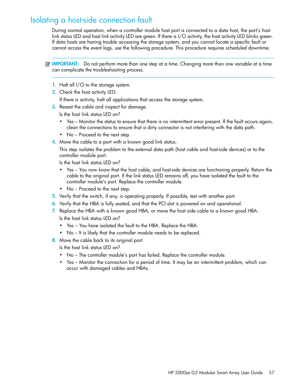 Isolating a host-side connection fault | HP 2000SA G2-Modular-Smart-Array User Manual | Page 57 / 76