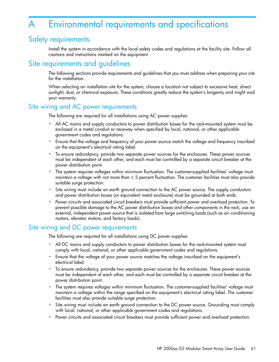 Environmental requirements and specifications, Safety requirements, Site requirements and guidelines | A environmental requirements and specifications, Site wiring and ac power requirements, Site wiring and dc power requirements, Aenvironmental requirements and specifications | HP 2000SA G2-Modular-Smart-Array User Manual | Page 61 / 76