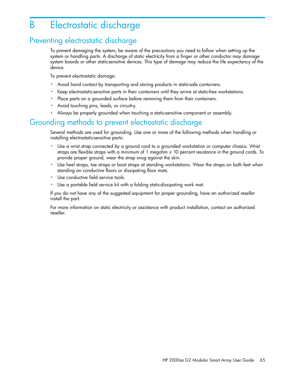 Electrostatic discharge, Preventing electrostatic discharge, B electrostatic discharge | Belectrostatic discharge | HP 2000SA G2-Modular-Smart-Array User Manual | Page 65 / 76