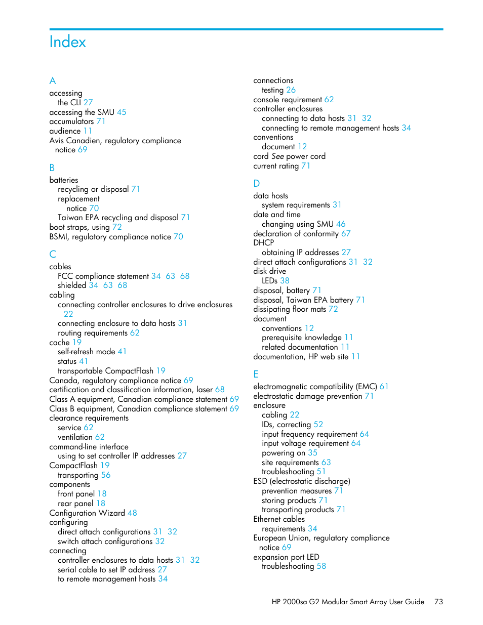 Index | HP 2000SA G2-Modular-Smart-Array User Manual | Page 73 / 76