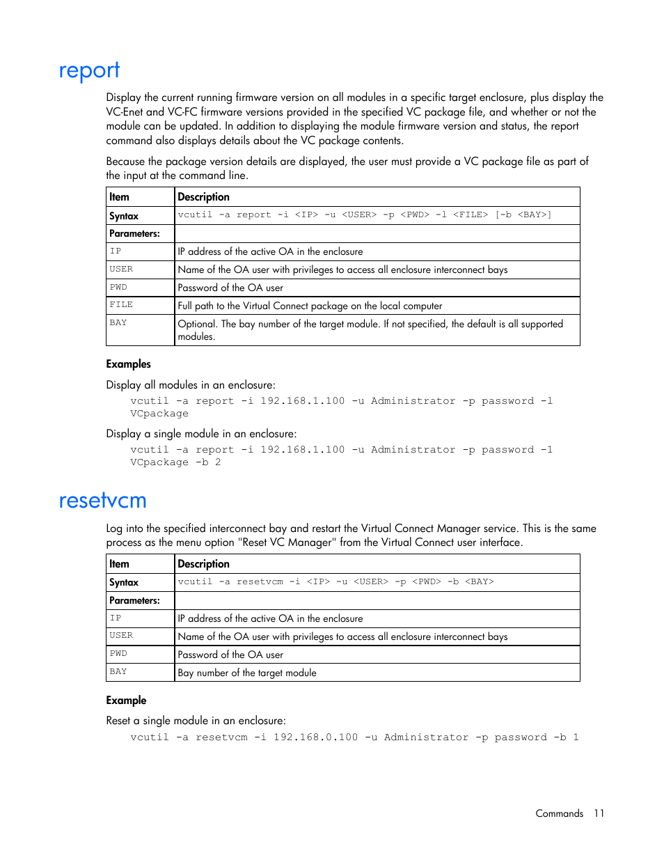 Report, Resetvcm | HP 1.10GB Virtual Connect Ethernet Module for c-Class BladeSystem User Manual | Page 11 / 18