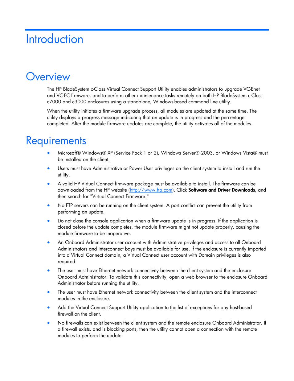 Introduction, Overview, Requirements | HP 1.10GB Virtual Connect Ethernet Module for c-Class BladeSystem User Manual | Page 4 / 18