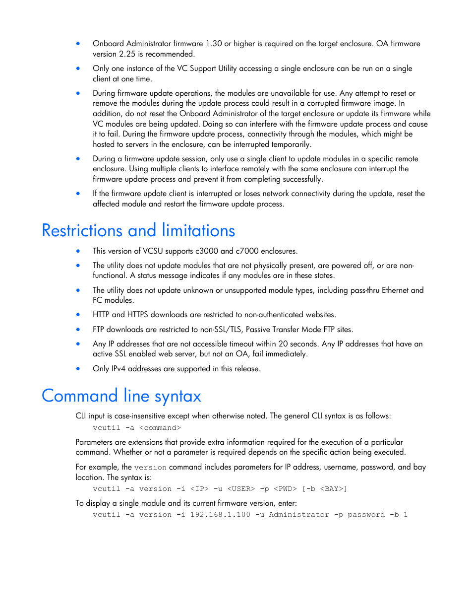 Restrictions and limitations, Command line syntax | HP 1.10GB Virtual Connect Ethernet Module for c-Class BladeSystem User Manual | Page 5 / 18