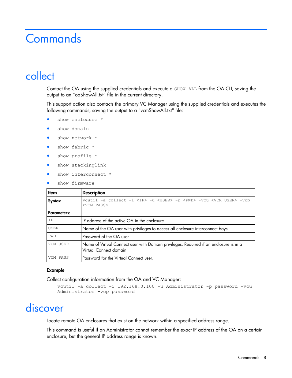 Commands, Collect, Discover | HP 1.10GB Virtual Connect Ethernet Module for c-Class BladeSystem User Manual | Page 8 / 18