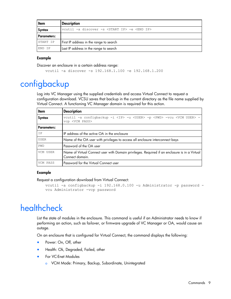 Configbackup, Healthcheck | HP 1.10GB Virtual Connect Ethernet Module for c-Class BladeSystem User Manual | Page 9 / 18