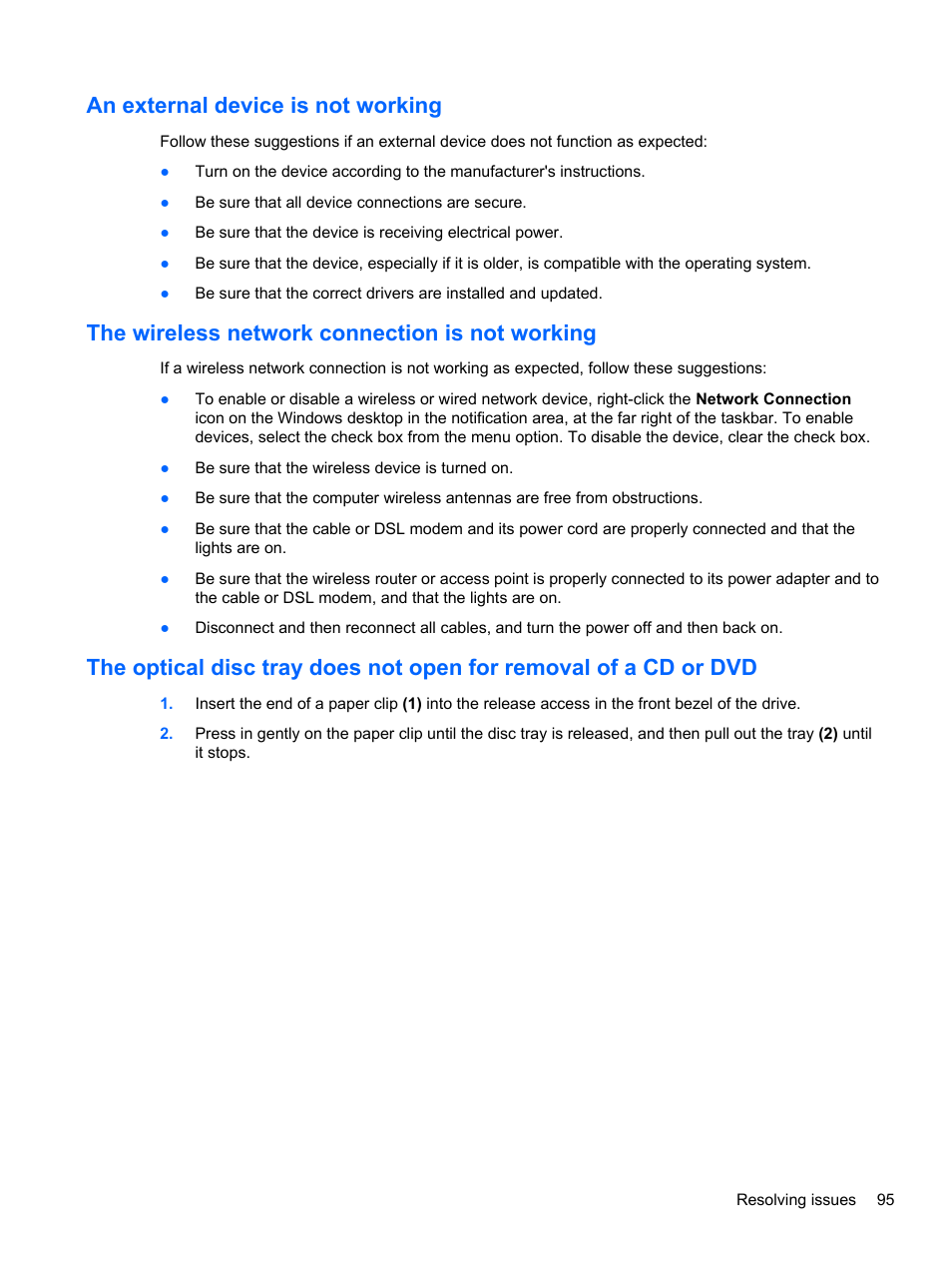 An external device is not working, The wireless network connection is not working | HP ProBook 450 G1 Notebook PC User Manual | Page 105 / 113