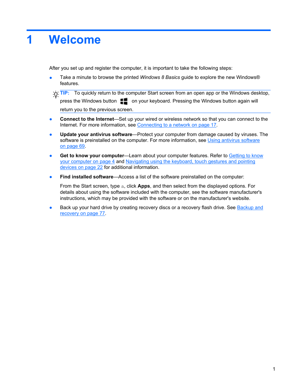 Welcome, 1 welcome, 1welcome | HP ProBook 450 G1 Notebook PC User Manual | Page 11 / 113