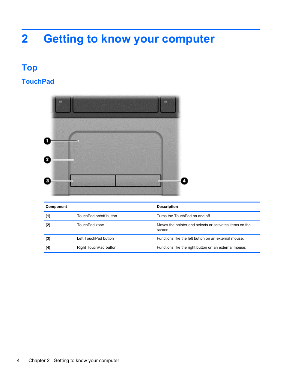 Getting to know your computer, Touchpad, 2 getting to know your computer | Getting to know, 2getting to know your computer | HP ProBook 450 G1 Notebook PC User Manual | Page 14 / 113