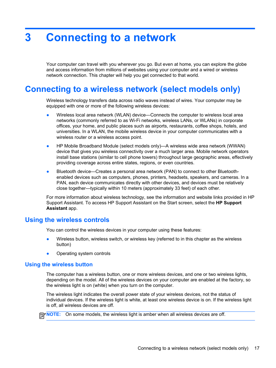 Connecting to a network, Using the wireless controls, Using the wireless button | 3 connecting to a network, 3connecting to a network | HP ProBook 450 G1 Notebook PC User Manual | Page 27 / 113