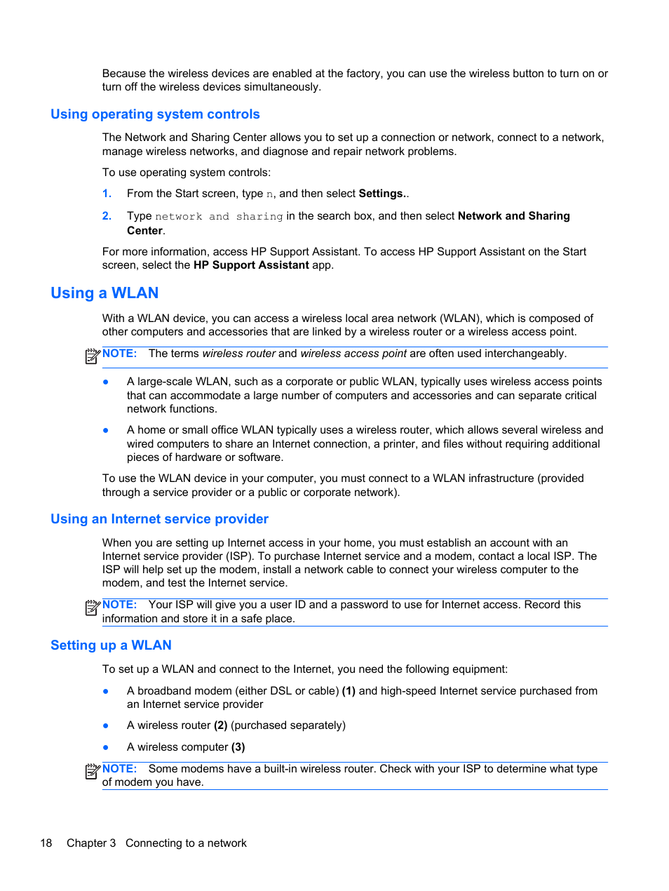 Using operating system controls, Using a wlan, Using an internet service provider | Setting up a wlan | HP ProBook 450 G1 Notebook PC User Manual | Page 28 / 113