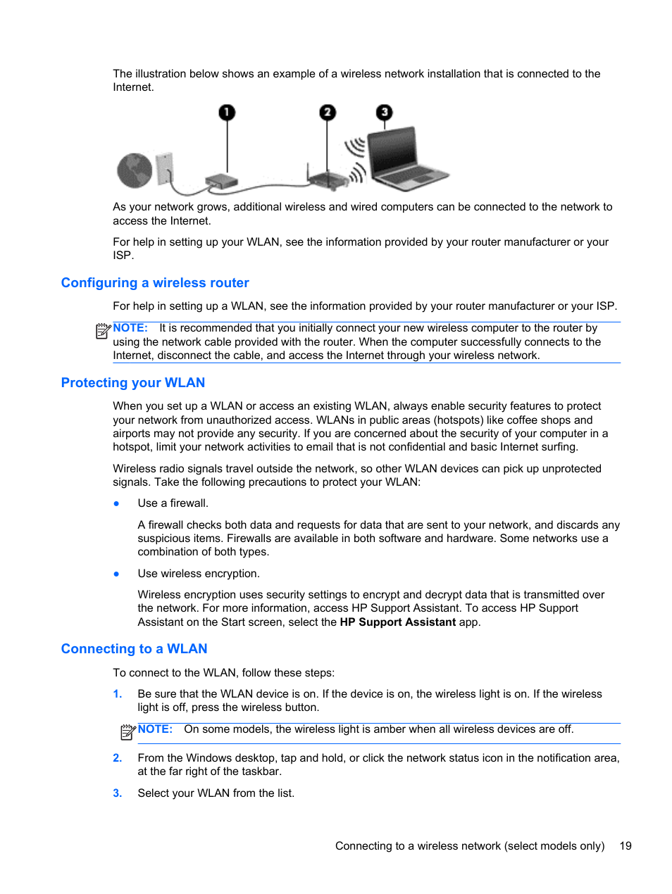 Configuring a wireless router, Protecting your wlan, Connecting to a wlan | HP ProBook 450 G1 Notebook PC User Manual | Page 29 / 113