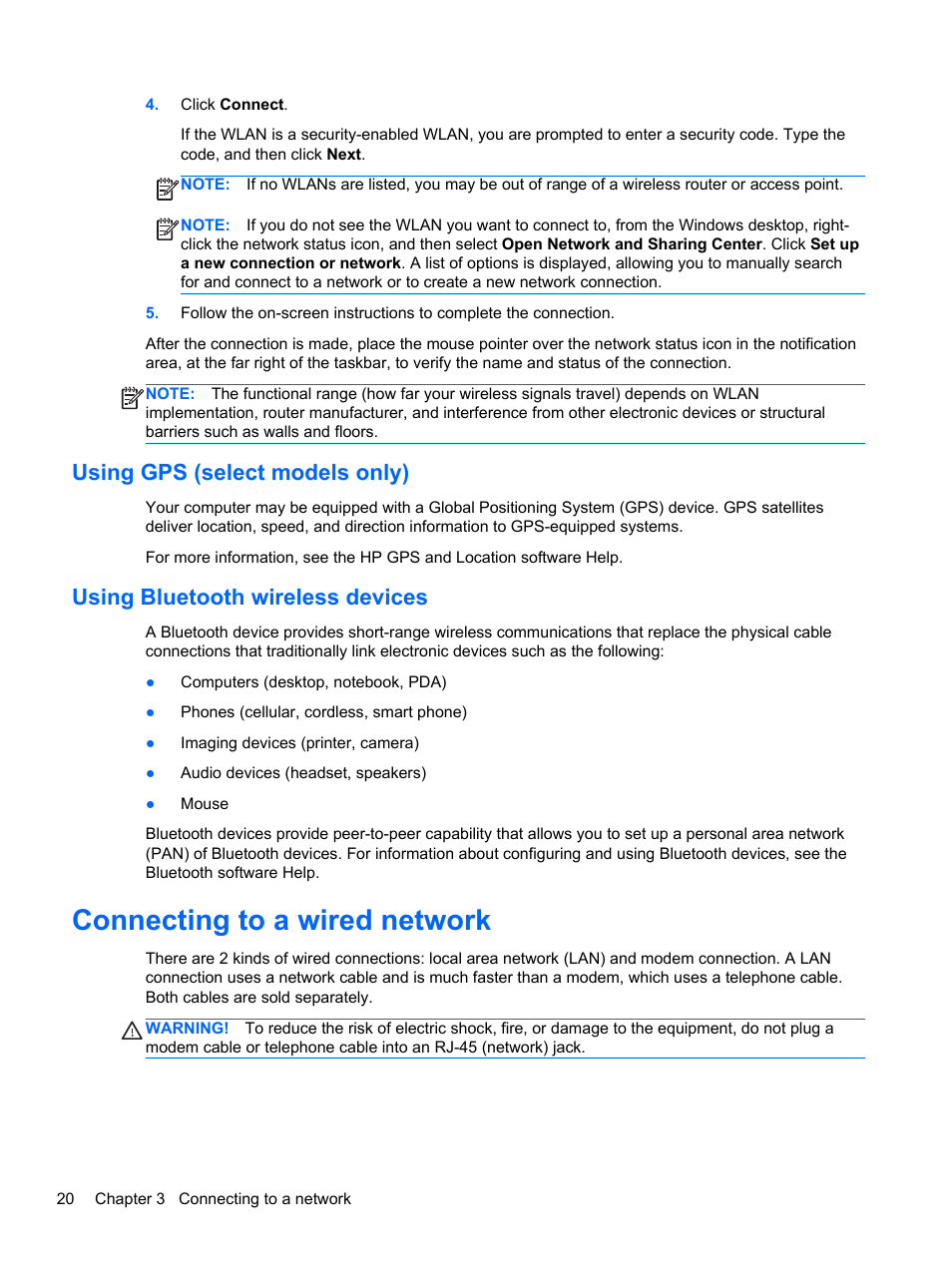 Using gps (select models only), Using bluetooth wireless devices, Connecting to a wired network | HP ProBook 450 G1 Notebook PC User Manual | Page 30 / 113