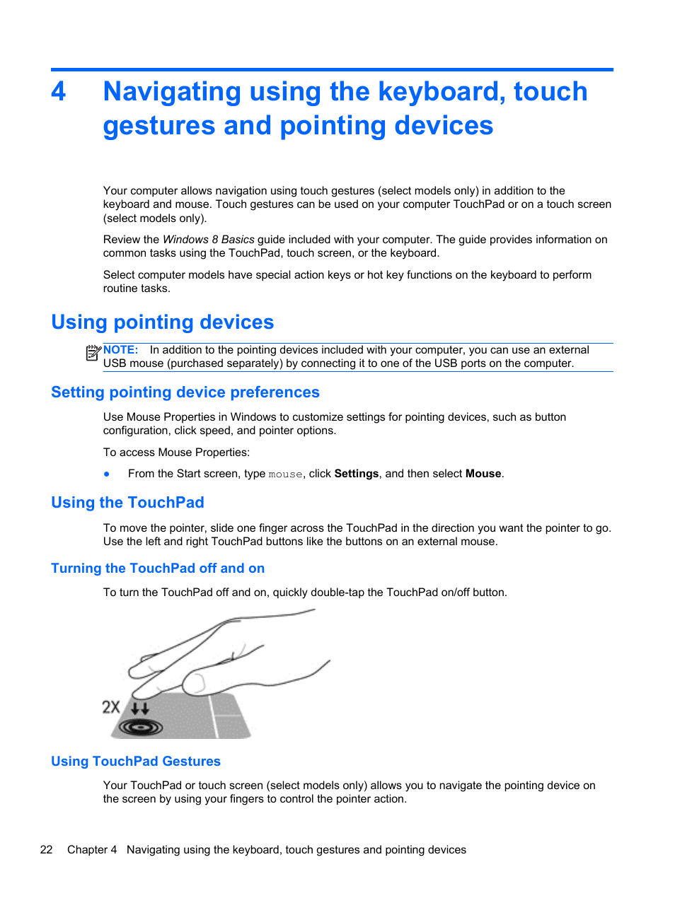 Using pointing devices, Setting pointing device preferences, Using the touchpad | Turning the touchpad off and on, Using touchpad gestures | HP ProBook 450 G1 Notebook PC User Manual | Page 32 / 113