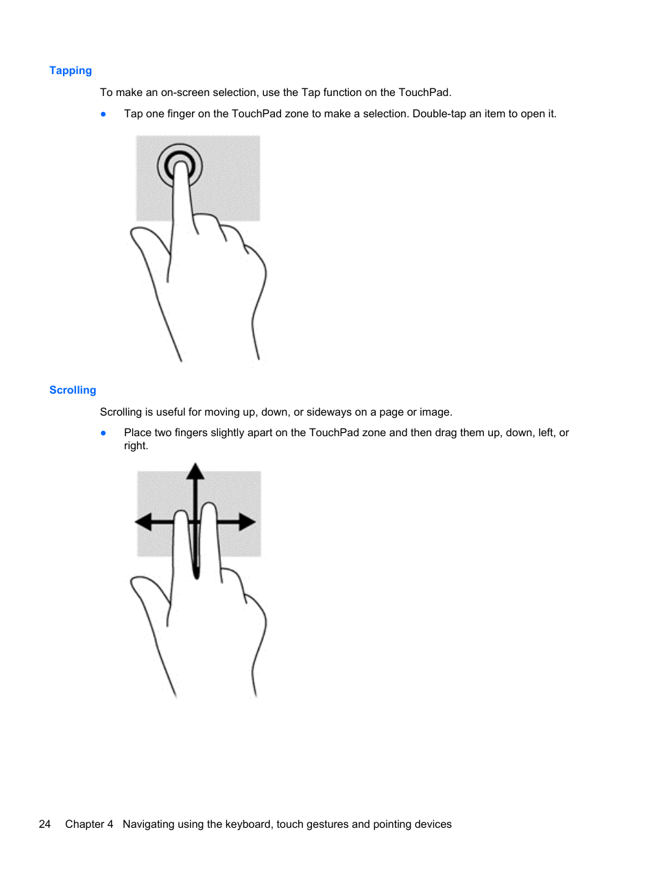 Tapping, Scrolling, Tapping scrolling | HP ProBook 450 G1 Notebook PC User Manual | Page 34 / 113