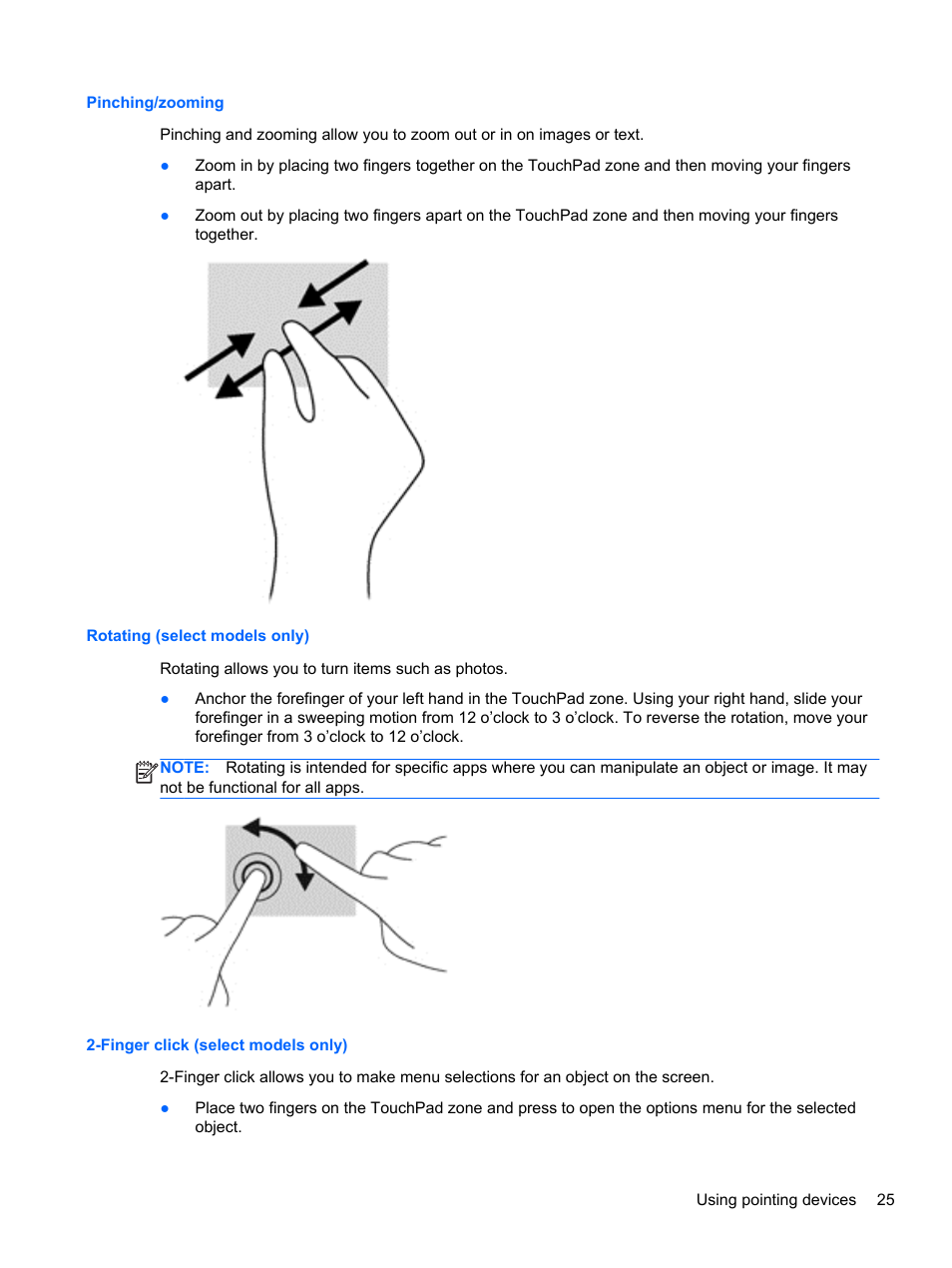Pinching/zooming, Rotating (select models only), Finger click (select models only) | HP ProBook 450 G1 Notebook PC User Manual | Page 35 / 113