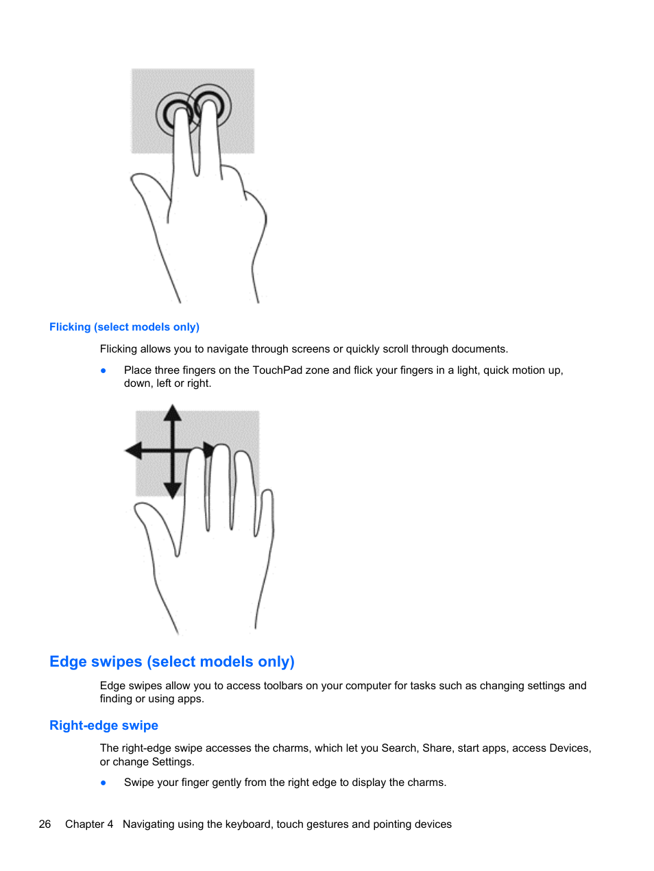 Flicking (select models only), Edge swipes (select models only), Right-edge swipe | HP ProBook 450 G1 Notebook PC User Manual | Page 36 / 113