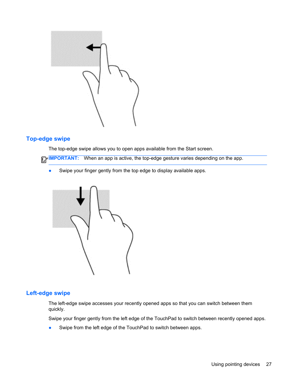 Top-edge swipe, Left-edge swipe, Top-edge swipe left-edge swipe | HP ProBook 450 G1 Notebook PC User Manual | Page 37 / 113