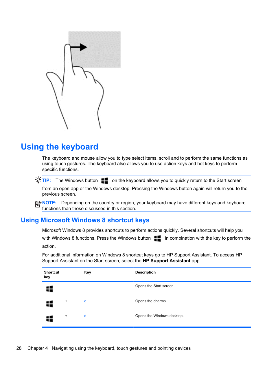 Using the keyboard, Using microsoft windows 8 shortcut keys | HP ProBook 450 G1 Notebook PC User Manual | Page 38 / 113