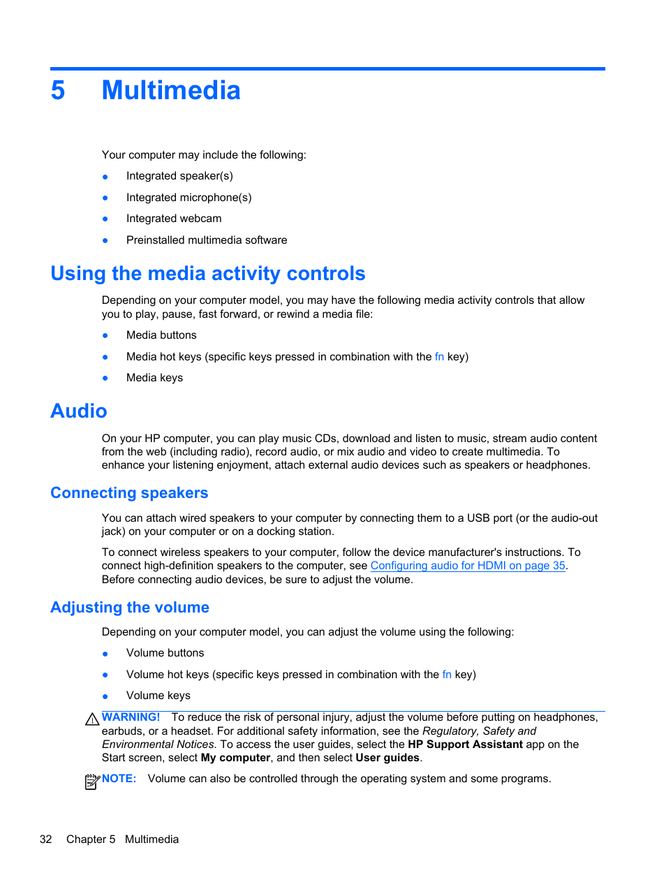 Multimedia, Using the media activity controls, Audio | Connecting speakers, Adjusting the volume, 5 multimedia, Using the media activity controls audio, Connecting speakers adjusting the volume, 5multimedia | HP ProBook 450 G1 Notebook PC User Manual | Page 42 / 113