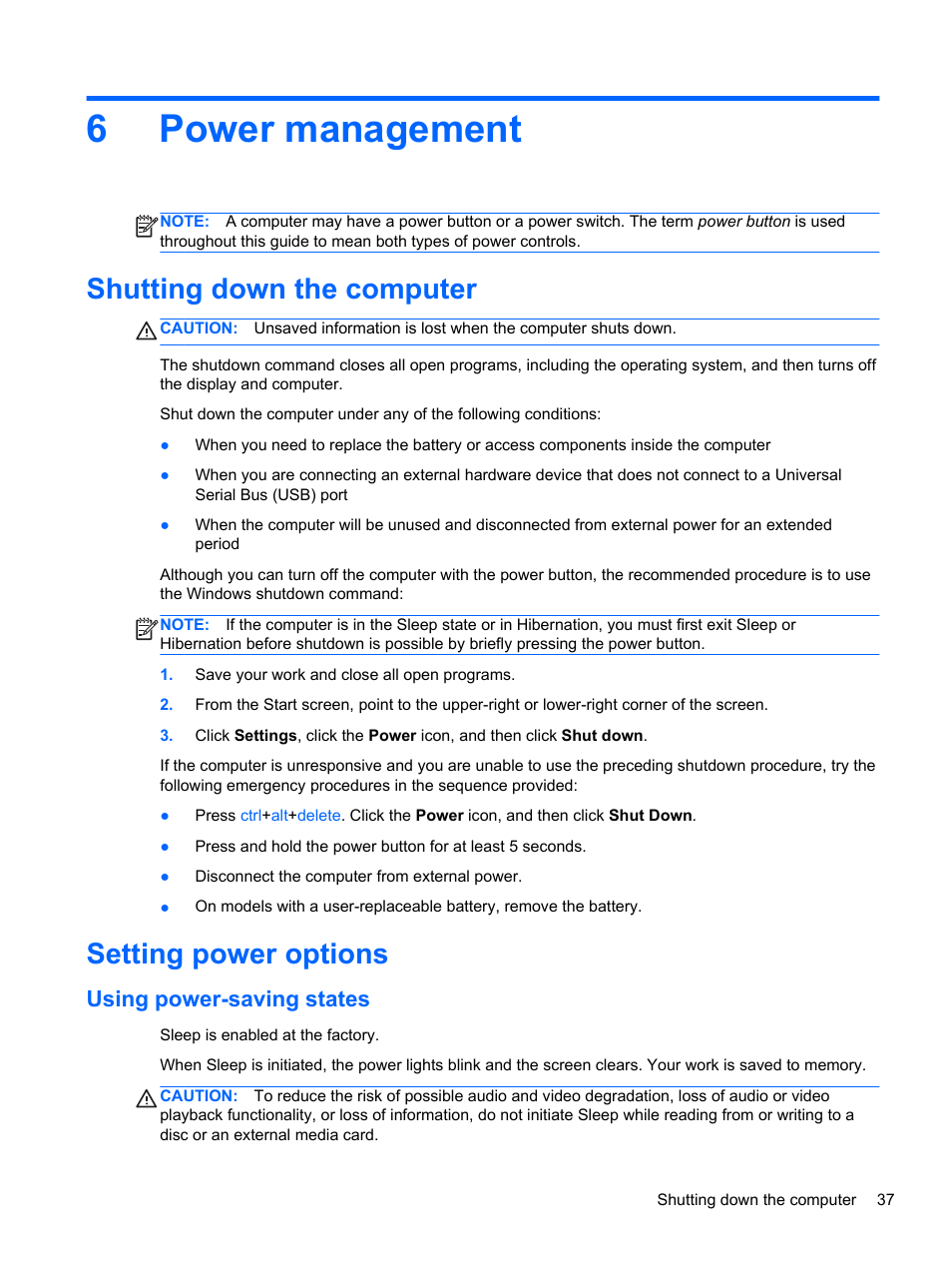 Power management, Shutting down the computer, Setting power options | Using power-saving states, 6 power management, Shutting down the computer setting power options, 6power management | HP ProBook 450 G1 Notebook PC User Manual | Page 47 / 113