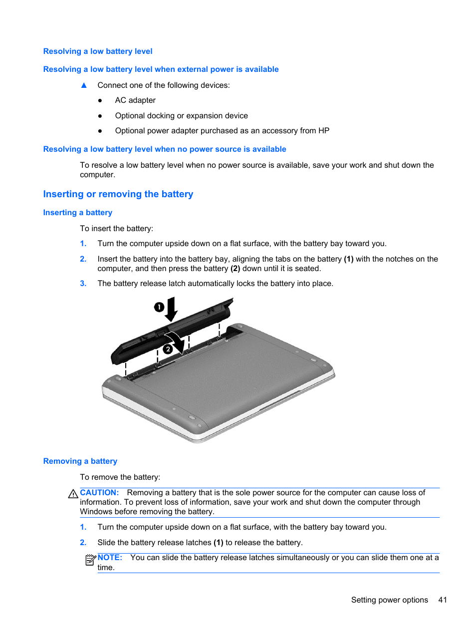 Resolving a low battery level, Inserting or removing the battery, Inserting a battery | Removing a battery, Inserting a battery removing a battery | HP ProBook 450 G1 Notebook PC User Manual | Page 51 / 113