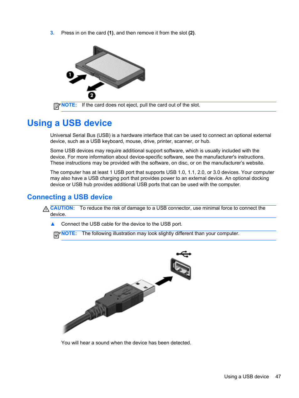 Using a usb device, Connecting a usb device | HP ProBook 450 G1 Notebook PC User Manual | Page 57 / 113