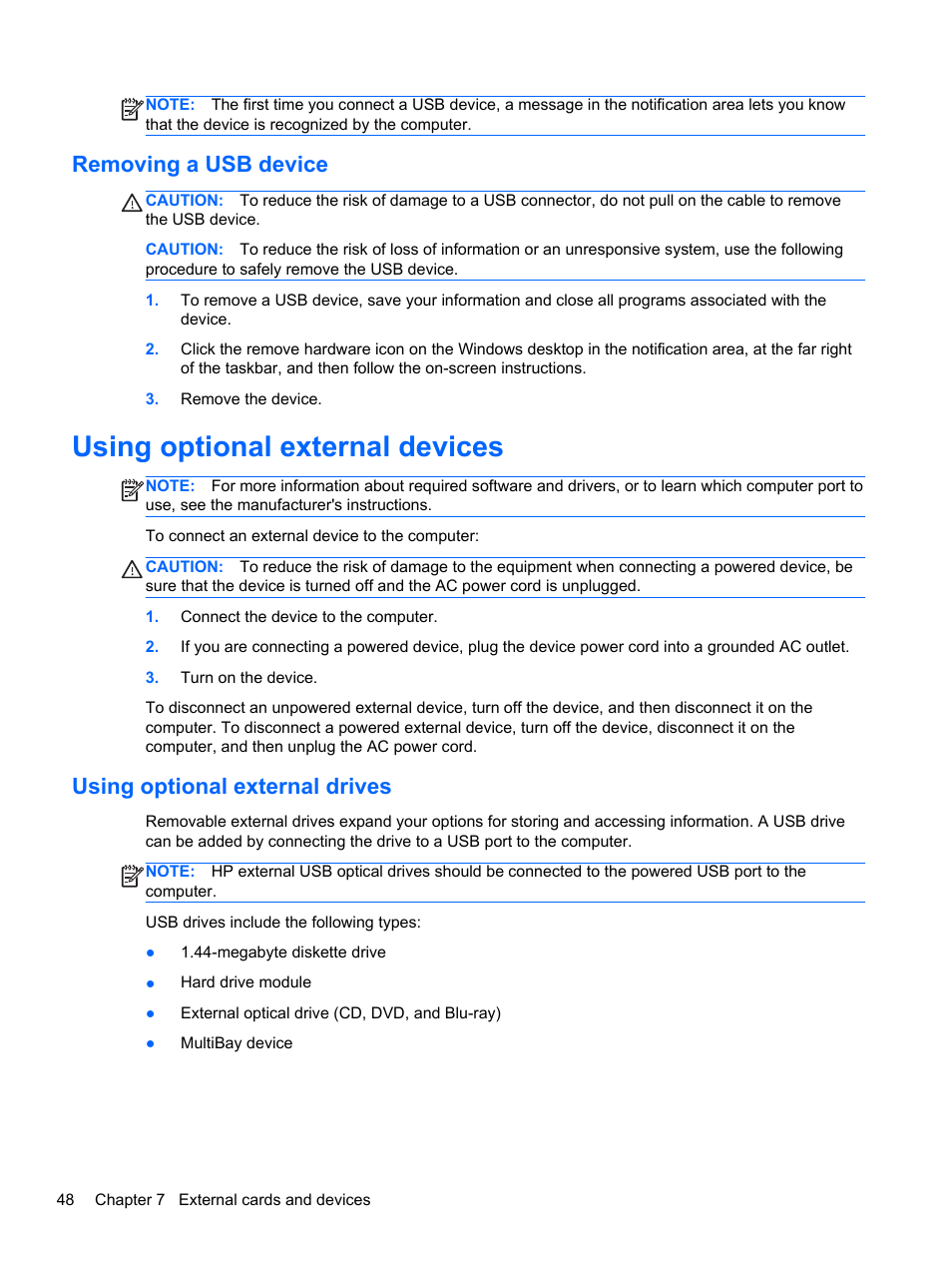 Removing a usb device, Using optional external devices, Using optional external drives | HP ProBook 450 G1 Notebook PC User Manual | Page 58 / 113