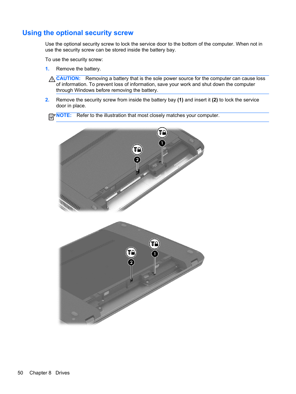 Using the optional security screw | HP ProBook 450 G1 Notebook PC User Manual | Page 60 / 113