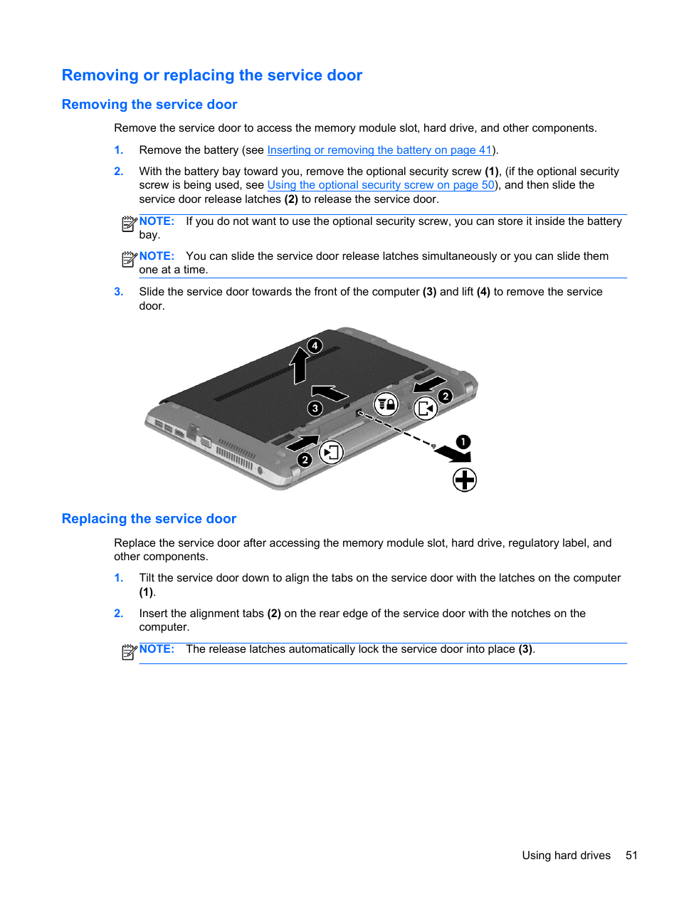 Removing or replacing the service door, Removing the service door, Replacing the service door | HP ProBook 450 G1 Notebook PC User Manual | Page 61 / 113