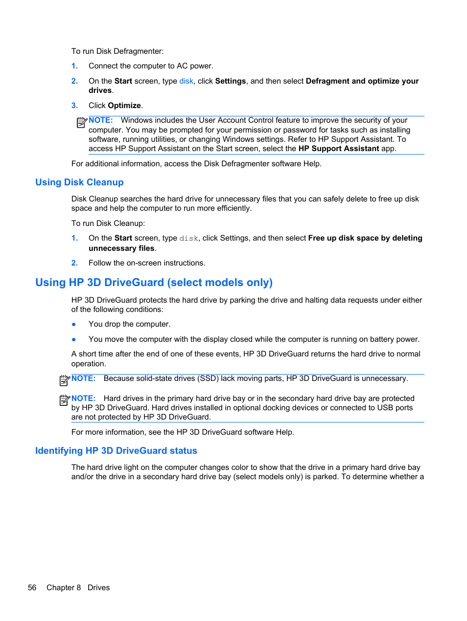 Using disk cleanup, Using hp 3d driveguard (select models only), Identifying hp 3d driveguard status | HP ProBook 450 G1 Notebook PC User Manual | Page 66 / 113