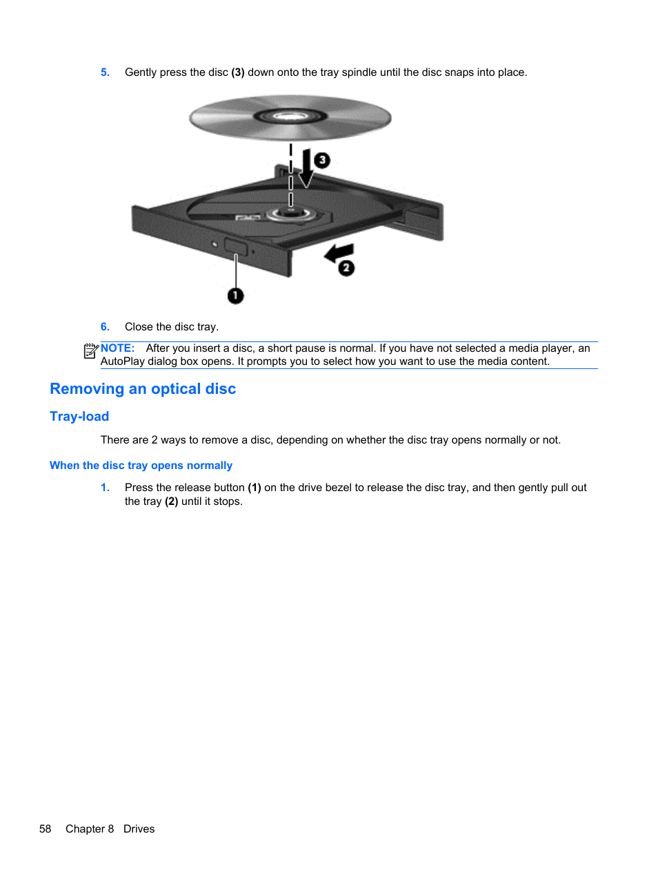 Removing an optical disc, Tray-load, When the disc tray opens normally | HP ProBook 450 G1 Notebook PC User Manual | Page 68 / 113