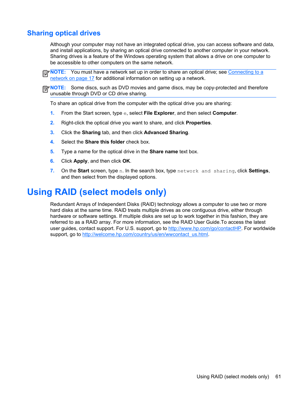 Sharing optical drives, Using raid (select models only) | HP ProBook 450 G1 Notebook PC User Manual | Page 71 / 113