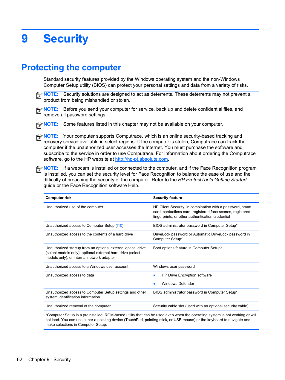 Security, Protecting the computer, 9 security | 9security | HP ProBook 450 G1 Notebook PC User Manual | Page 72 / 113