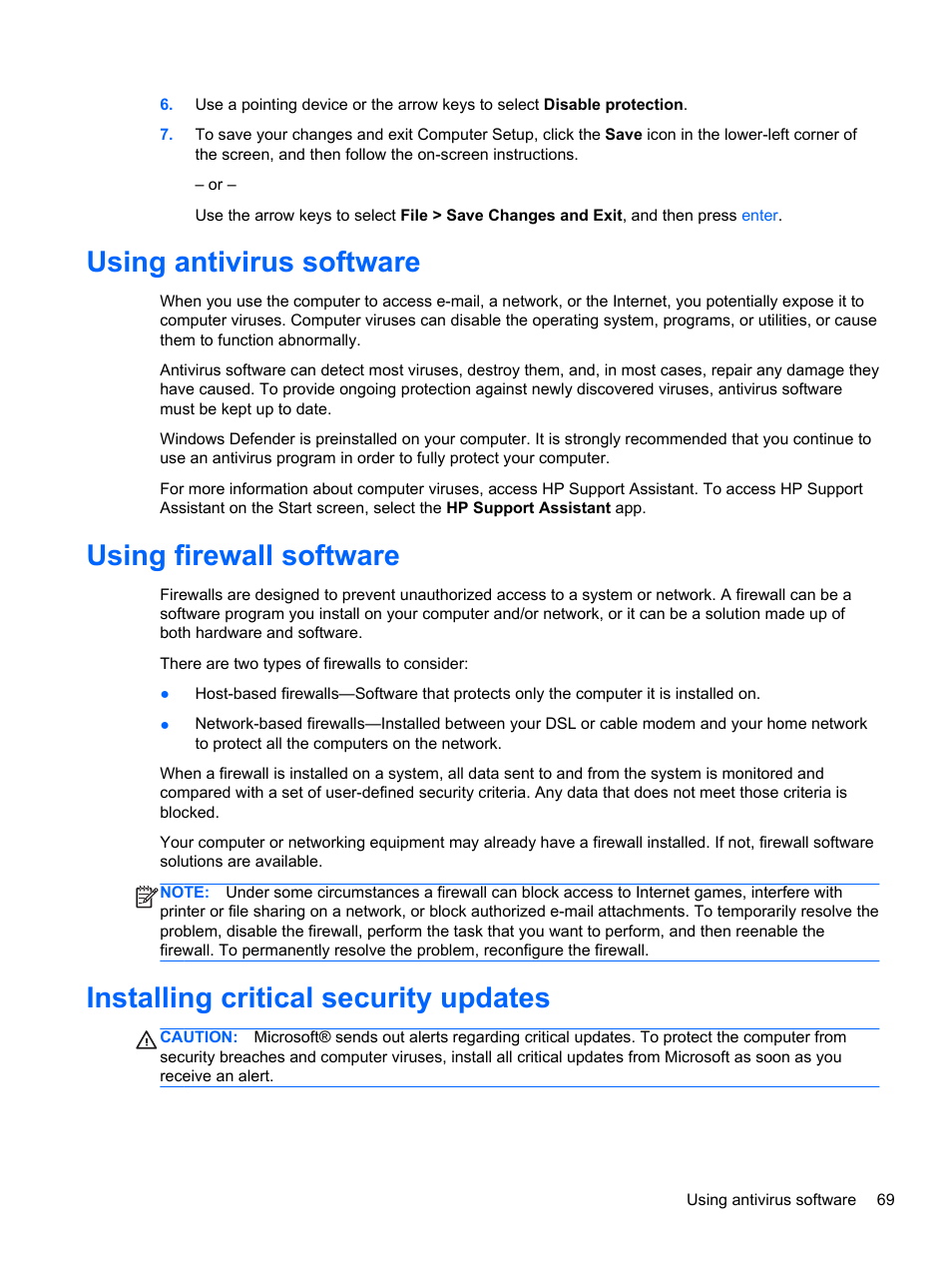 Using antivirus software, Using firewall software, Installing critical security updates | HP ProBook 450 G1 Notebook PC User Manual | Page 79 / 113