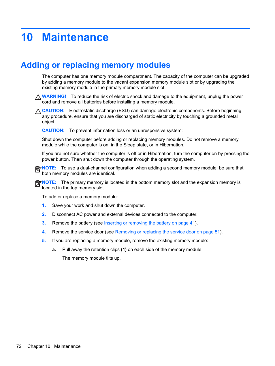 Maintenance, Adding or replacing memory modules, 10 maintenance | HP ProBook 450 G1 Notebook PC User Manual | Page 82 / 113